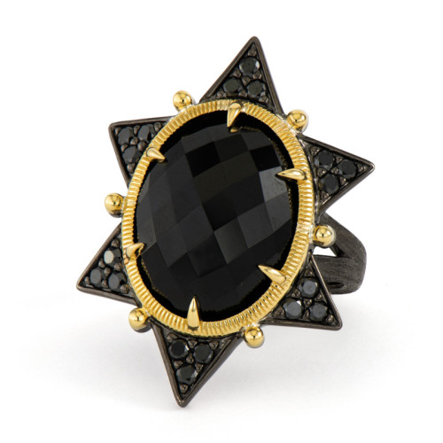 18K Yellow Gold and Sterling Silver Black Spinel Black Diamond Ring Black Star itemprop=