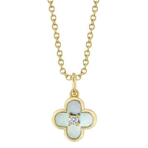 0.02Ct Diamond & 0.33Ct Mother Of Pearl 14K Yellow Gold Clover Necklace itemprop=