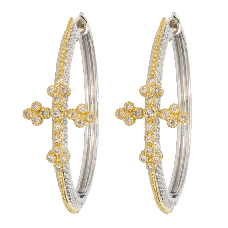 18K Yellow Gold and Sterling Silver .20D Cross Silver Hoop Earrings