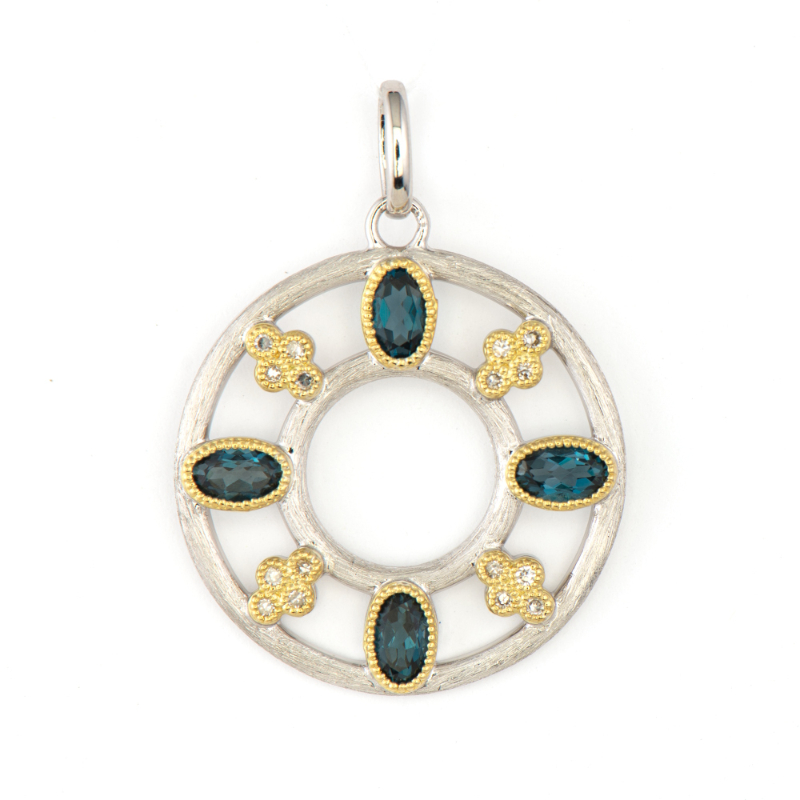 18K Yellow Gold and Sterling Silver Diamond Lnd Blue Pendant